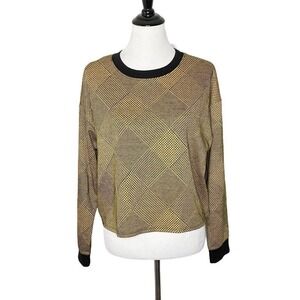 Forever 21 Grunge Patchwork Plaid Houndstooth Cropped Sweater Top L Yellow Black